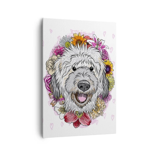 Impression sur toile - Image sur toile - Un chien entouré de fleurs colorées - 70x100cm - La joie du chiot - Décoration murale moderne pour le salon et la chambre ARTTOR
