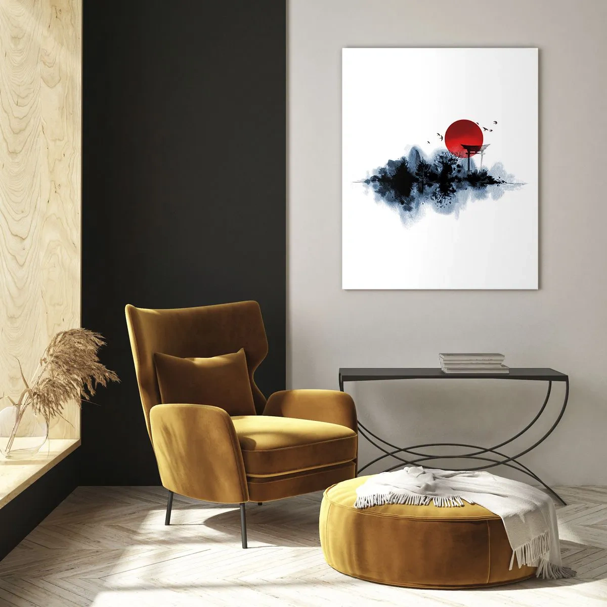 Impression sur verre - Image sur verre - Soleil rouge sur un paysage pittoresque avec torii - 70x100cm - Vue japonnaise - Décoration murale moderne pour le salon et la chambre ARTTOR