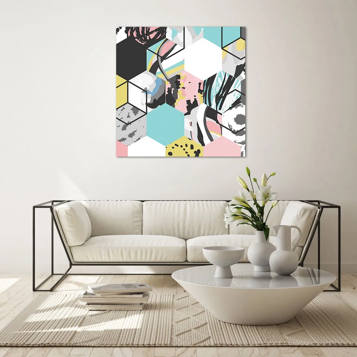 Impression sur verre - Image sur verre - Hexagones et cubes en six couleurs - 40x40 cm