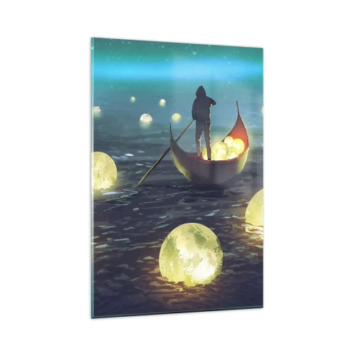 Impression sur verre - Image sur verre - Une silhouette dans un bateau entourée de boules lumineuses sur l'eau - 80x120cm - Des choses dont les philosophes n'ont jamais rêvé - Décoration murale moderne pour le salon et la chambre ARTTOR