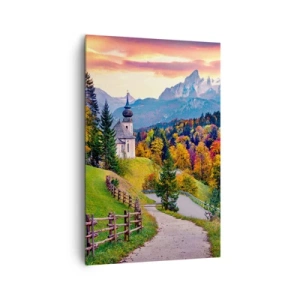 Impression sur toile - Image sur toile - Paysage de montagne d'automne avec une chapelle et un coucher de soleil - 80x120cm - Paysage comme peind - Décoration murale moderne pour le salon et la chambre ARTTOR