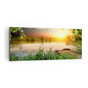 Impression sur toile - Image sur toile - Paysage verdoyant avec un lac au coucher du soleil - 120x50cm - Paysage dans un cadre verdoyant - Décoration murale moderne pour le salon et la chambre ARTTOR