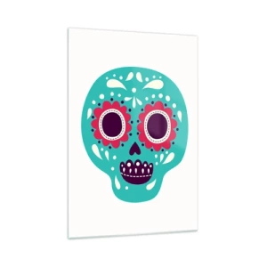 Impression sur verre - Image sur verre - Un crâne en sucre turquoise et violet inspiré de la culture mexicaine - 70x100cm - La vie – du plaisir jusqu'à la mort - Décoration murale moderne pour le salon et la chambre ARTTOR