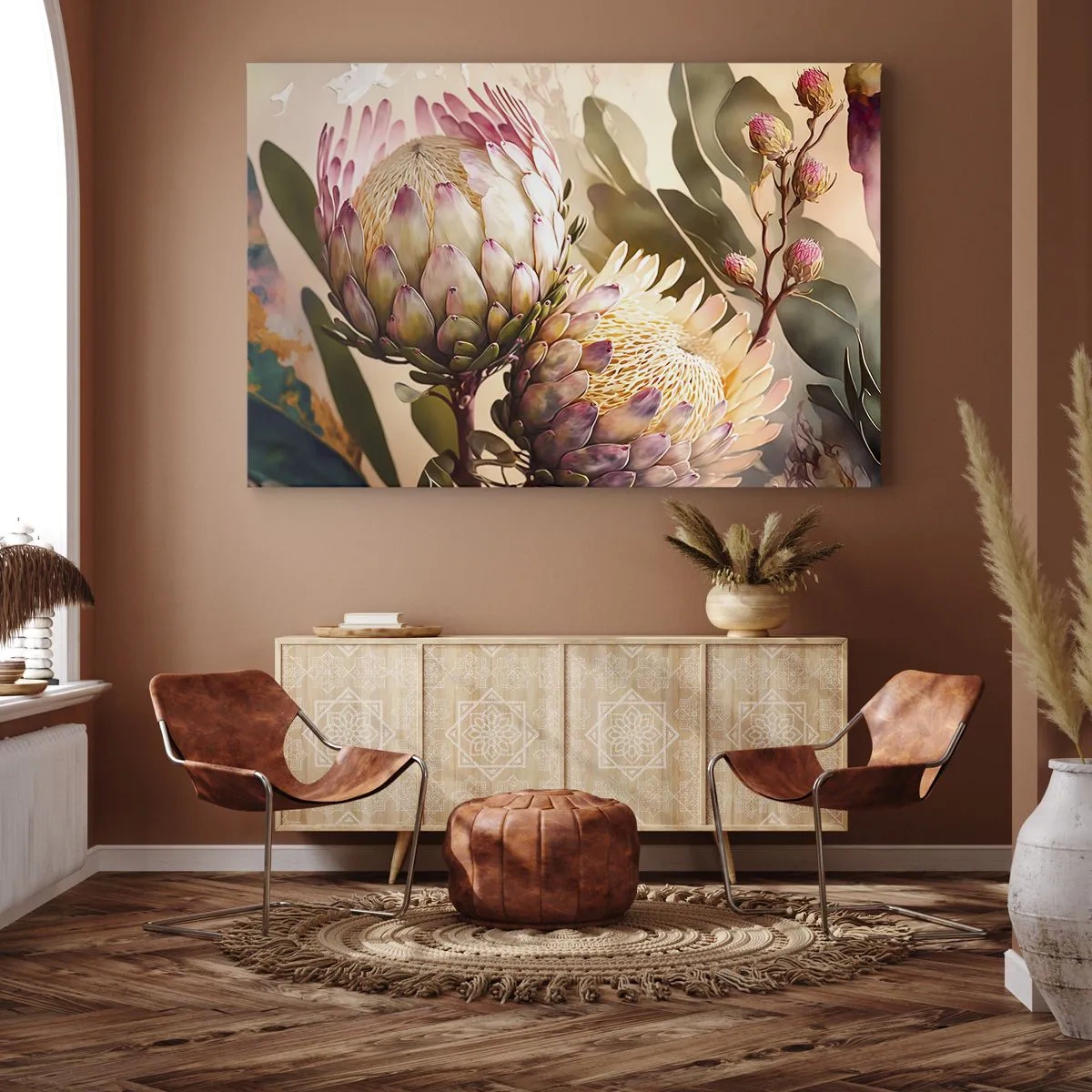 Impression sur toile - Image sur toile - Fleurs de protéa colorées sur un fond délicat - 70x50cm - Tendrement embrassé - Décoration murale moderne pour le salon et la chambre ARTTOR