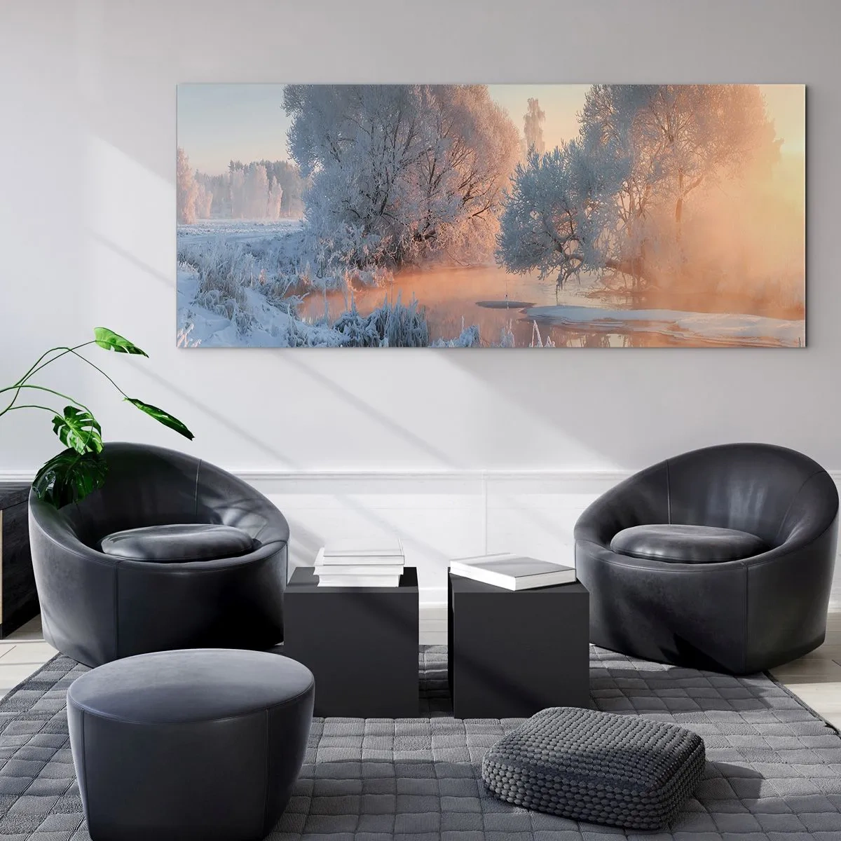 Impression sur verre - Image sur verre - Paysage d'hiver avec des arbres enneigés et un coucher de soleil - 120x50cm - Tout dans le soleil brille en cristal - Décoration murale moderne pour le salon et la chambre ARTTOR