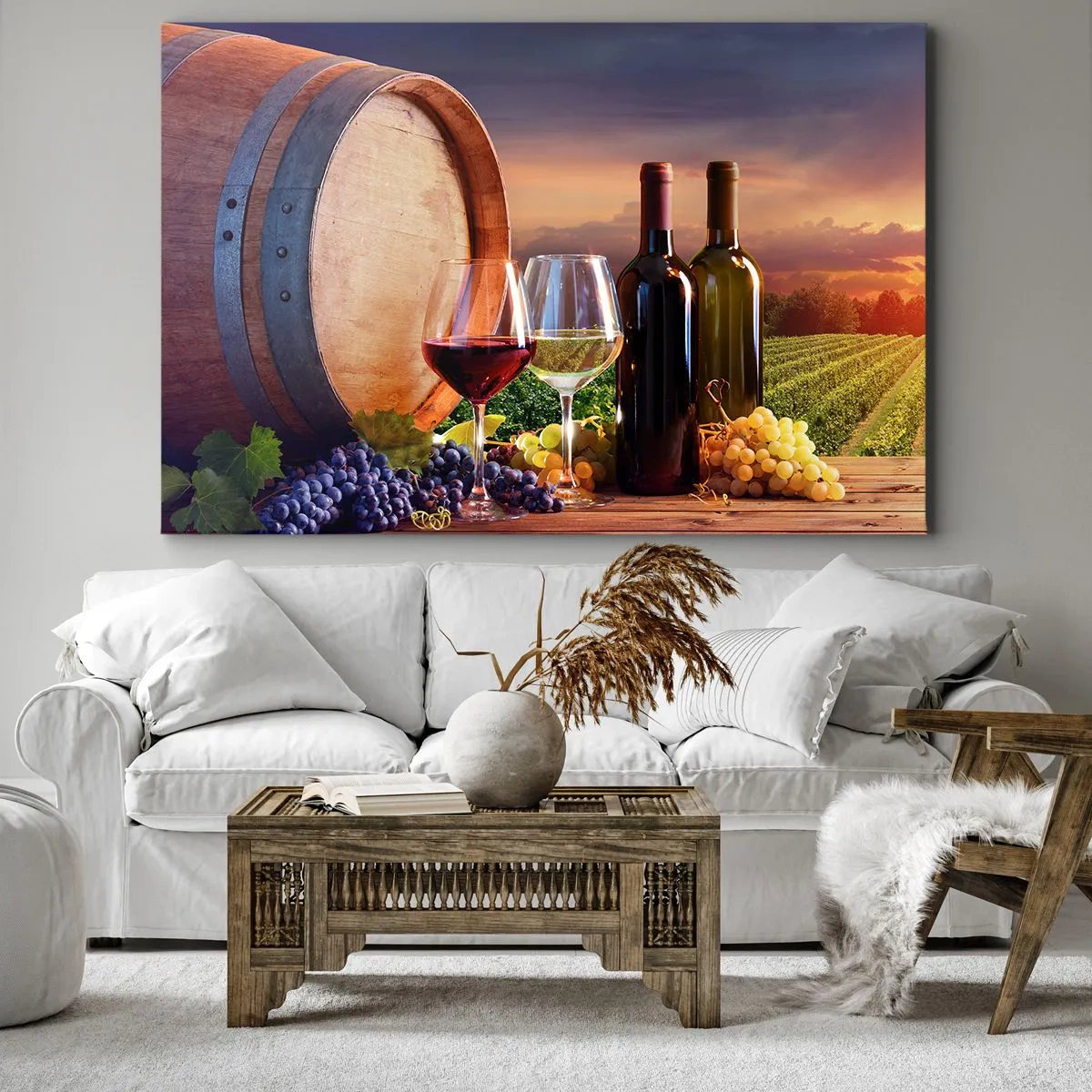 Impression sur toile - Image sur toile - Du vin, des verres et un tonneau dans un paysage pittoresque - 70x50cm - Ici la vie a du goût - Décoration murale moderne pour le salon et la chambre ARTTOR