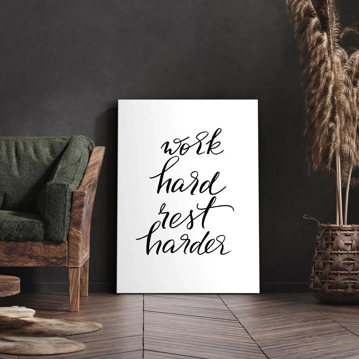 Impression sur toile - Image sur toile - Citation « Travaillez dur, reposez-vous plus dur » sur fond blanc - 50x70cm - Équilibre de vie - Décoration murale moderne pour le salon et la chambre ARTTOR