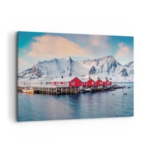 Impression sur toile - Image sur toile - Maisons rouges sur fond de montagnes enneigées et de mer bleue - 100x70cm - Retraite dans le nord - Décoration murale moderne pour le salon et la chambre ARTTOR