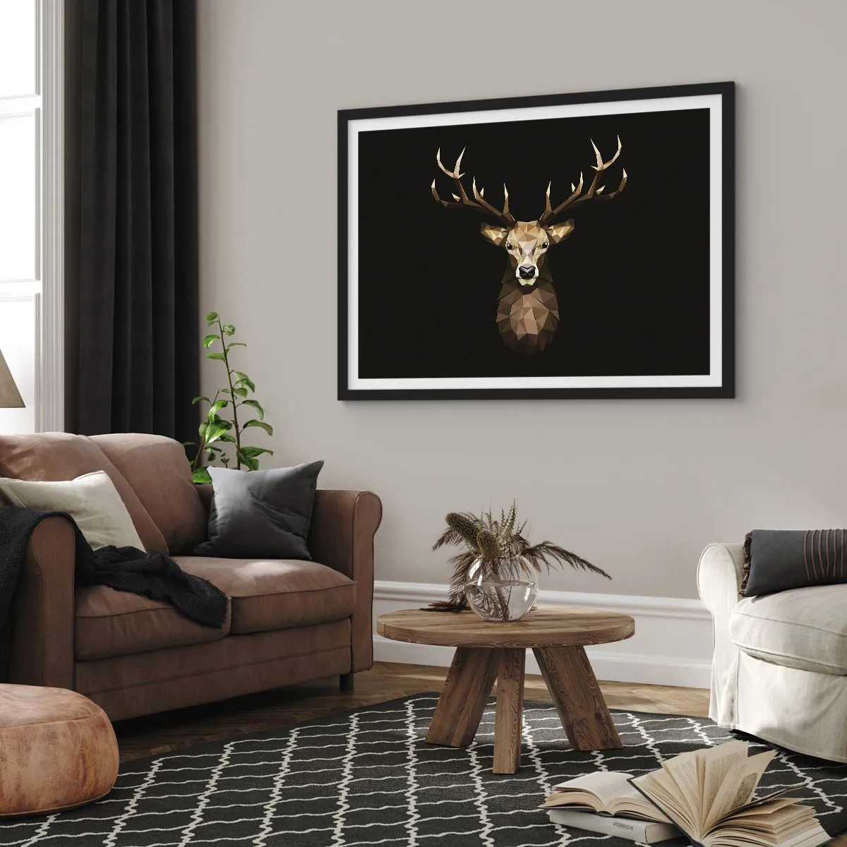Affiche dans un cadre noir - Poster - Cerf polygonal géométrique sur fond noir - 100x70cm - Cerf cubique - Décoration murale moderne pour le salon et la chambre ARTTOR