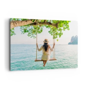 Impression sur toile - Image sur toile - Femme sur une balançoire au bord de la mer dans un paysage tropical - 120x80cm - La vie est belle - Décoration murale moderne pour le salon et la chambre ARTTOR
