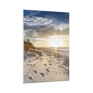 Impression sur verre - Image sur verre - Plage de sable au coucher du soleil avec des herbes près de la dune - 50x70cm - Invitation à la ballade - Décoration murale moderne pour le salon et la chambre ARTTOR