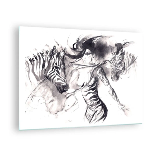 Impression sur verre - Image sur verre - Composition en noir et blanc avec une femme et un zèbre dans un style artistique - 70x50cm - Danse avec les zèbres - Décoration murale moderne pour le salon et la chambre ARTTOR