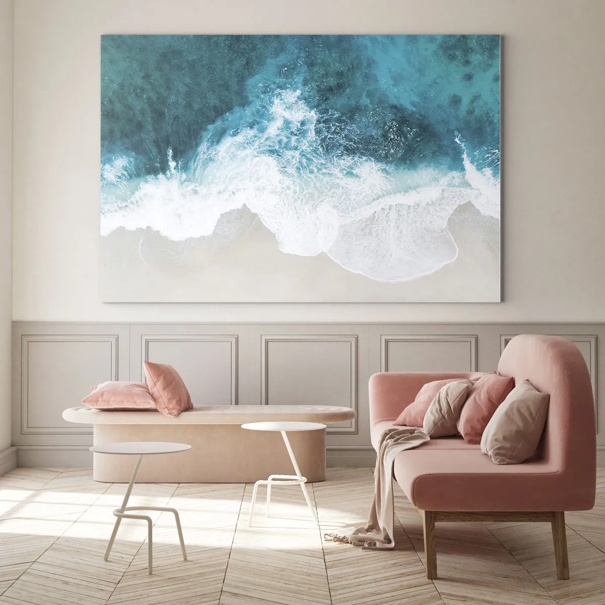 Impression sur verre - Image sur verre - Vue aérienne des vagues de la mer s'écrasant contre le rivage - 70x50cm - Caresse naturelle - Décoration murale moderne pour le salon et la chambre ARTTOR