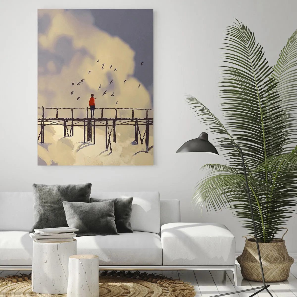 Impression sur verre - Image sur verre - Une silhouette sur un pont parmi les nuages avec des oiseaux dans le ciel - 80x120cm - Bleu nostalgie - Décoration murale moderne pour le salon et la chambre ARTTOR