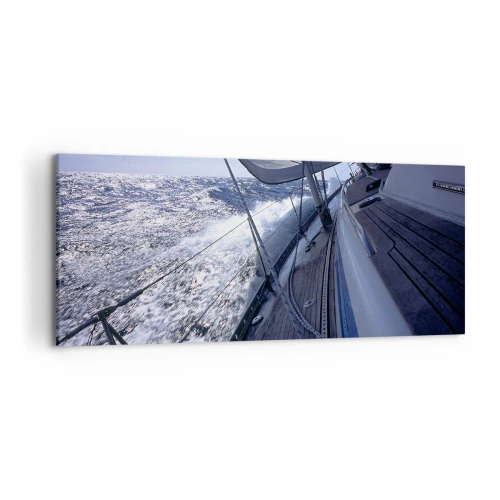 Impression sur toile - Image sur toile - Un voilier dans une mer agitée avec des voiles blanches et un pont en bois. - 120x50cm - Je sais ce que c'est d'être un oiseau - Décoration murale moderne pour le salon et la chambre ARTTOR