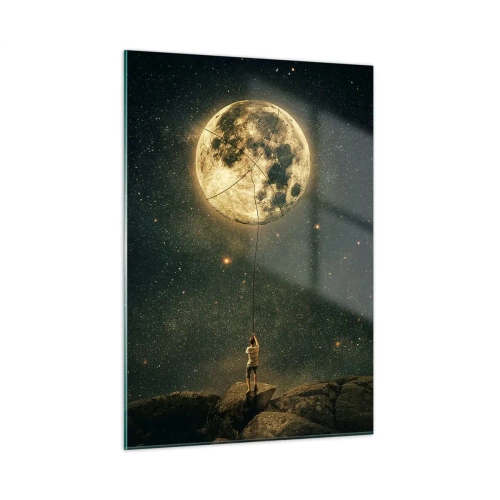 Impression sur verre - Image sur verre - Une figure sur un rocher tenant la lune, qui est piégée sur une corde. - 50x70cm - Celui qui a volé la lune - Décoration murale moderne pour le salon et la chambre ARTTOR