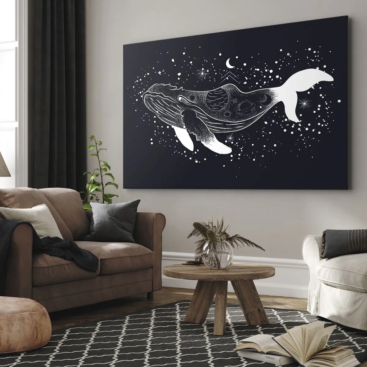 Impression sur toile - Image sur toile - Une illustration graphique d'une baleine dans un style de l'ère spatiale. - 120x80cm - Dans l'océan de l'univers - Décoration murale moderne pour le salon et la chambre ARTTOR