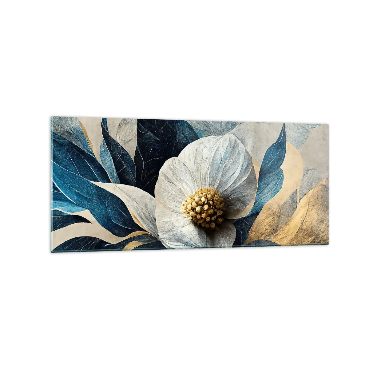 Impression sur verre - Image sur verre - Une fleur aux feuilles bleues sur un fond élégant - 120x50cm - Il a un coeur d'or - Décoration murale moderne pour le salon et la chambre ARTTOR