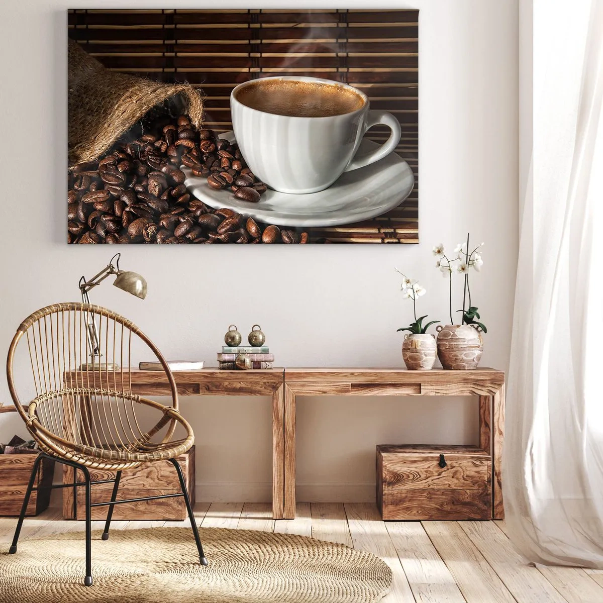 Impression sur toile - Image sur toile - Une tasse de café avec des grains sur un fond de bambou - 120x80cm - La noirceur du charbon, la clarté de l'ambre - Décoration murale moderne pour le salon et la chambre ARTTOR