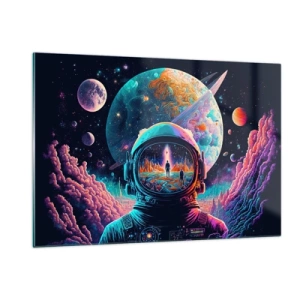 Impression sur verre - Image sur verre - Un paysage spatial avec un astronaute et une planète surréaliste. - 120x80cm - Les philosophes n'en ont pas rêvé - Décoration murale moderne pour le salon et la chambre ARTTOR