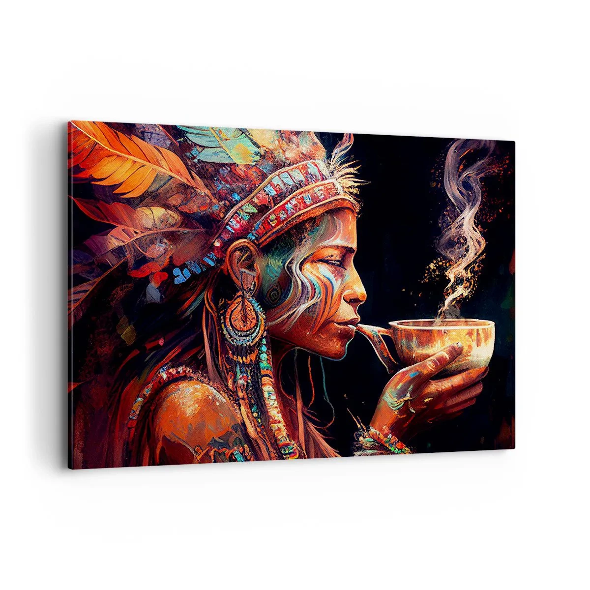 Impression sur toile - Image sur toile - Une figure colorée de style ethnique avec une tasse de boisson fumante - 100x70cm - Rituel magique - Décoration murale moderne pour le salon et la chambre ARTTOR