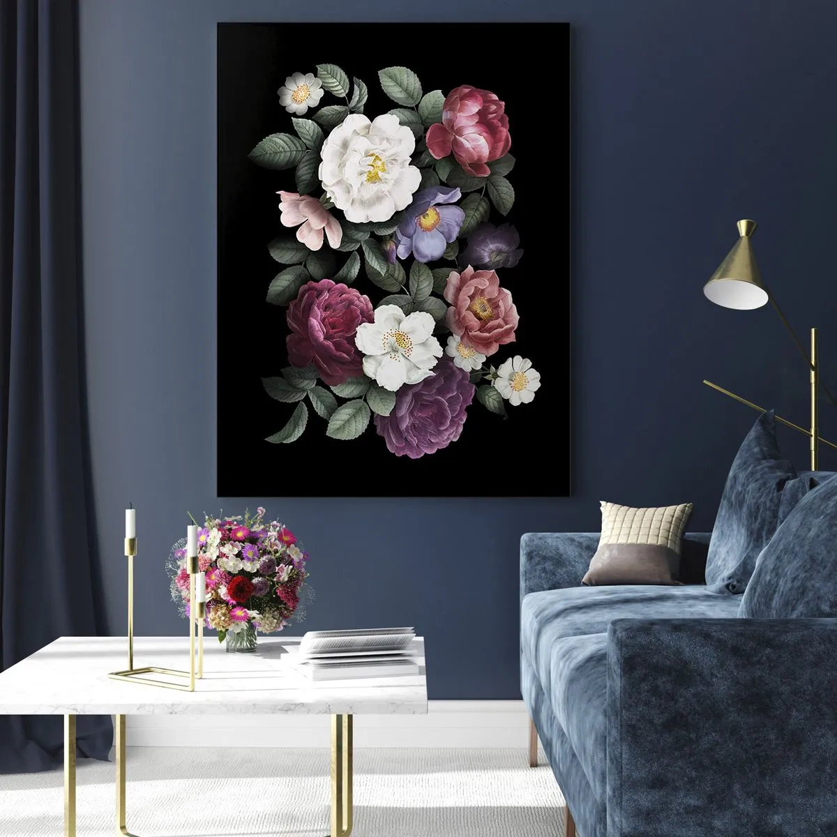 Impression sur verre - Image sur verre - Composition florale avec des pivoines sur fond noir - 50x70cm - D'un jardin anglais - Décoration murale moderne pour le salon et la chambre ARTTOR