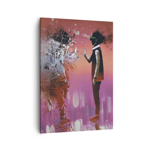 Impression sur toile - Image sur toile - Une scène abstraite avec une figure futuriste et des éléments dispersés. - 50x70cm - Pouvez-vous regarder à l'intérieur de vous-même ? - Décoration murale moderne pour le salon et la chambre ARTTOR