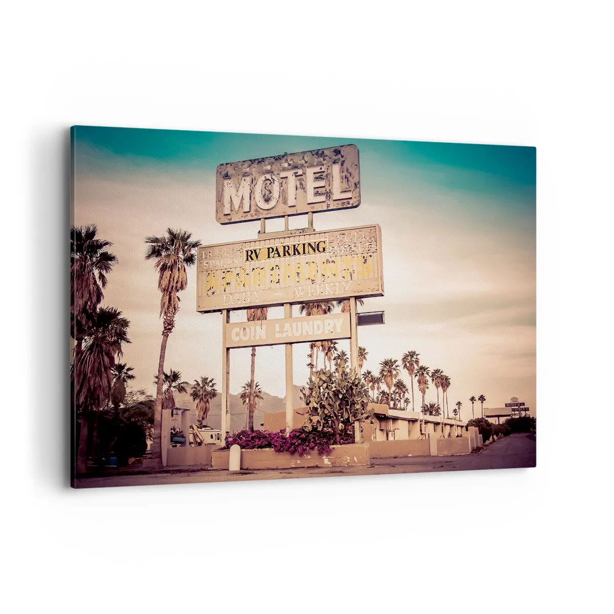 Impression sur toile - Image sur toile - Panneau de motel rétro entouré de palmiers - 100x70cm - Ici, le temps s'est arrêté - Décoration murale moderne pour le salon et la chambre ARTTOR