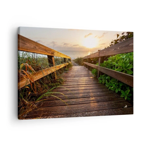 Impression sur toile - Image sur toile - Jetée en bois menant à la plage au coucher du soleil - 70x50cm - Tout droit vers le rivage - Décoration murale moderne pour le salon et la chambre ARTTOR