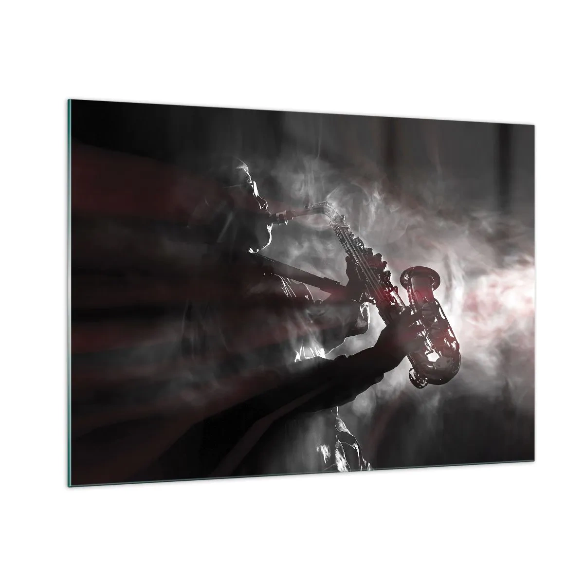 Impression sur verre - Image sur verre - Saxophoniste dans un nuage de fumée en noir et blanc - 100x70cm - Dans les brumes du jazz - Décoration murale moderne pour le salon et la chambre ARTTOR