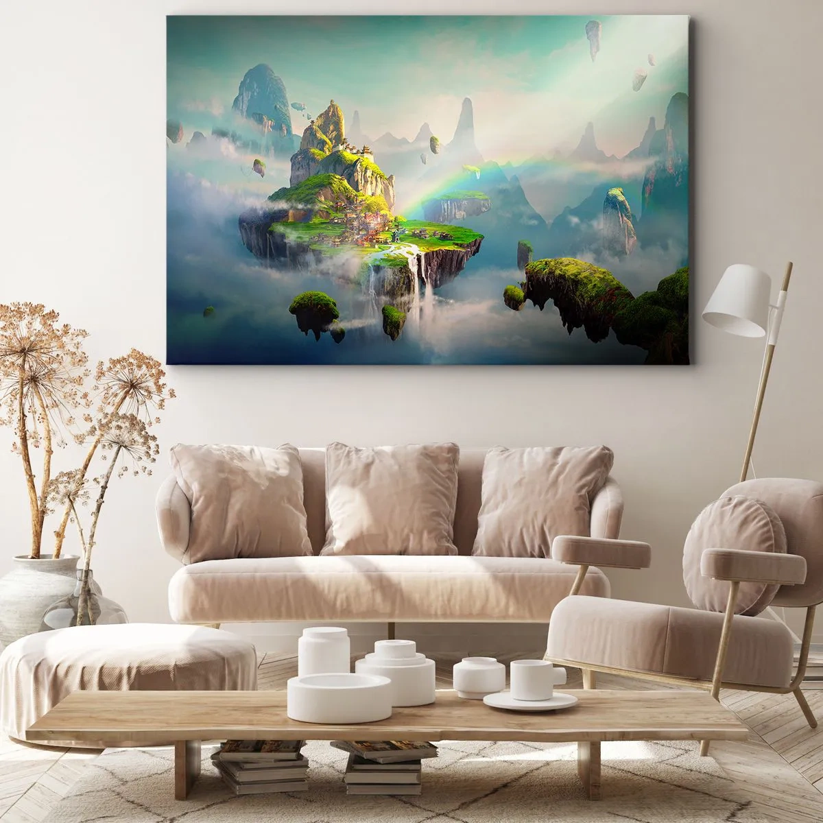Impression sur toile - Image sur toile - Des îles volantes parmi les nuages avec un arc-en-ciel à l'horizon - 100x70cm - Au milieu des cieux - îles du bonheur - Décoration murale moderne pour le salon et la chambre ARTTOR