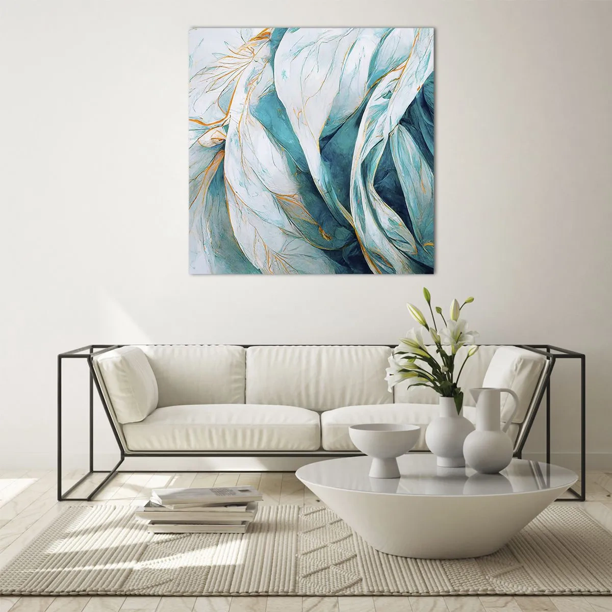 Impression sur verre - Image sur verre - Abstraction bleue avec un motif doré - 30x30 cm