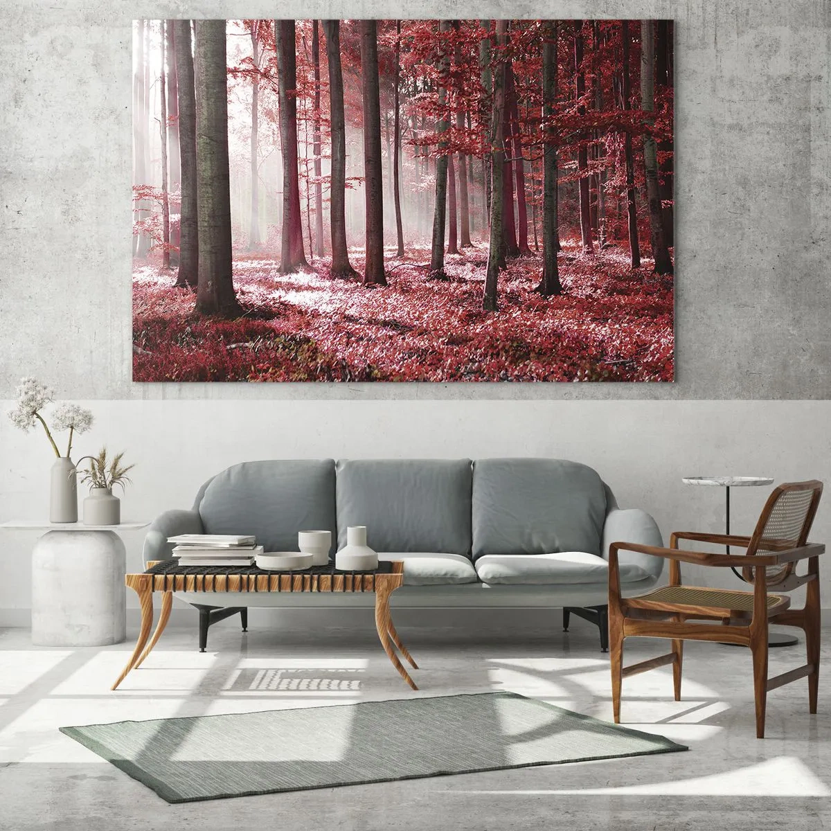 Impression sur verre - Image sur verre - Une forêt époustouflante aux teintes rouges avec des rayons de lumière pénétrant à travers les arbres - 120x50cm - Le rouge est tout aussi beau - Décoration murale moderne pour le salon et la chambre ARTTOR