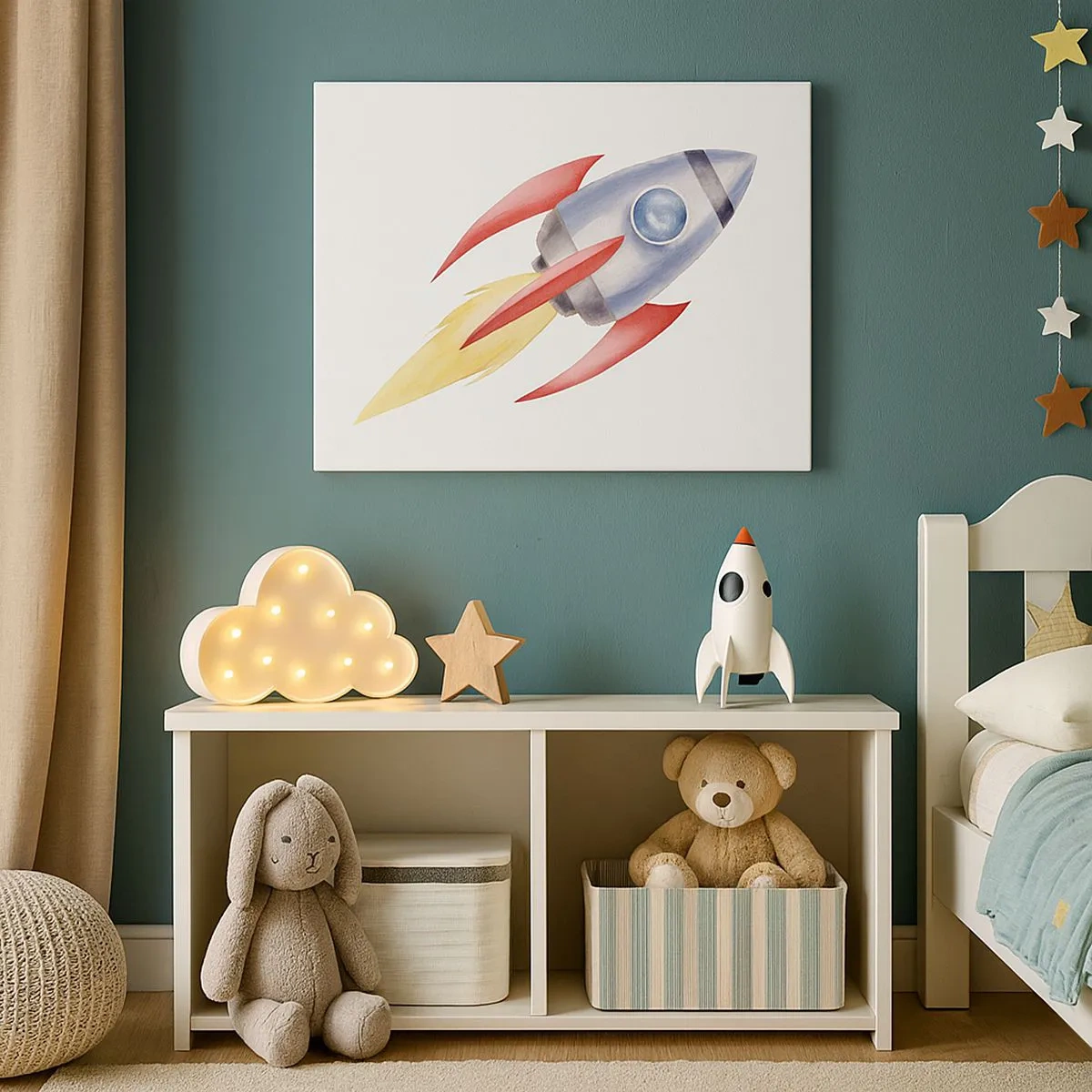 Impression sur toile - Image sur toile - Fusée de style aquarelle sur fond blanc - 70x50cm - Plus haut, plus vite, plus loin - Décoration murale moderne pour le salon et la chambre ARTTOR