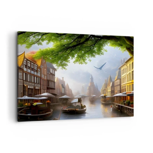 Impression sur toile - Image sur toile - Un paysage hollandais pittoresque avec un canal et des maisons de rapport - 100x70cm - Paysage urbain néerlandais - Décoration murale moderne pour le salon et la chambre ARTTOR