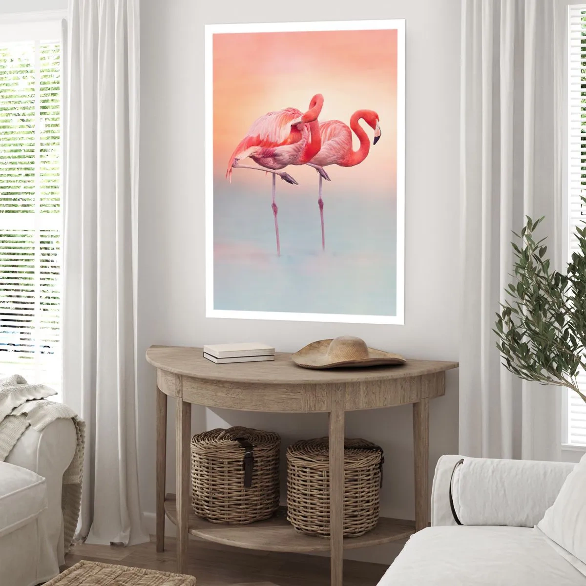 Affiche - Poster - Flamants roses sur fond de coucher de soleil pastel - 50x70cm - Dans les couleurs du soleil couchant - Décoration murale moderne pour le salon et la chambre ARTTOR