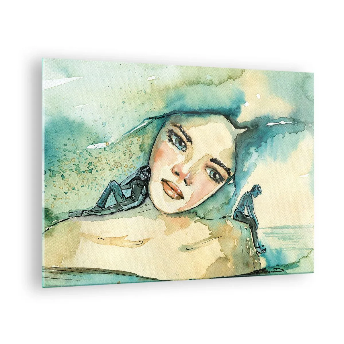 Impression sur verre - Image sur verre - Portrait d'une femme dans un style aquarelle avec des silhouettes de personnages - 70x50cm - Suis-je bleu? - Décoration murale moderne pour le salon et la chambre ARTTOR
