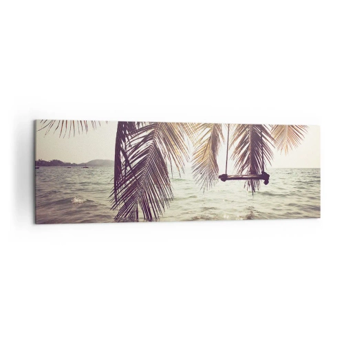 Impression sur toile - Image sur toile - Palmier avec une balançoire au-dessus de l'eau au soleil - 160x50cm - Vous pouvez vous balancer dans les nuages