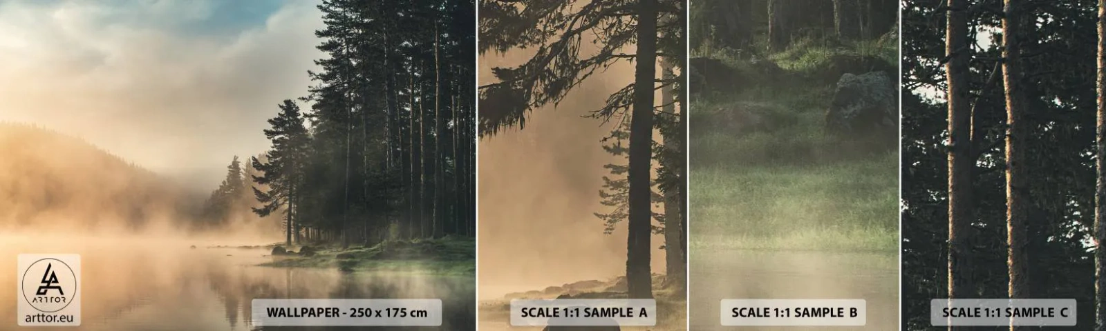 Échantillon De Papier Peint Standard Eco - Naissance du jour - Paysage, Lac, Forêt - 100x30 cm