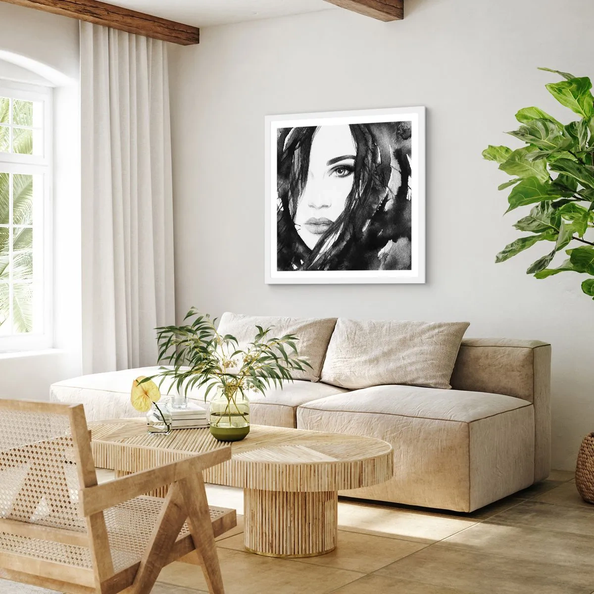 Affiche dans un cadre blanc - Poster - Portrait d'une dame en noir et blanc - 60x60 cm