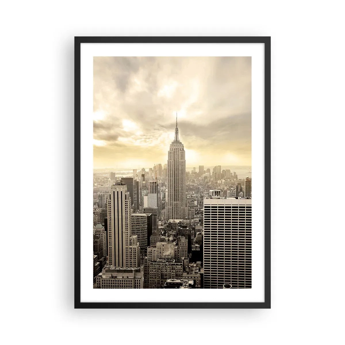 Affiche dans un cadre noir - Poster - Panorama de la ville de New York avec l'Empire State Building - 50x70cm - New York tissé de gris - Décoration murale moderne pour le salon et la chambre ARTTOR