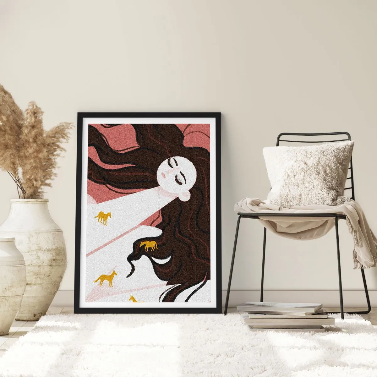 Affiche dans un cadre noir - Poster - Une femme rêveuse aux cheveux longs et aux chevaux dorés - 50x70cm - Rêve d'un cheval d'or - Décoration murale moderne pour le salon et la chambre ARTTOR