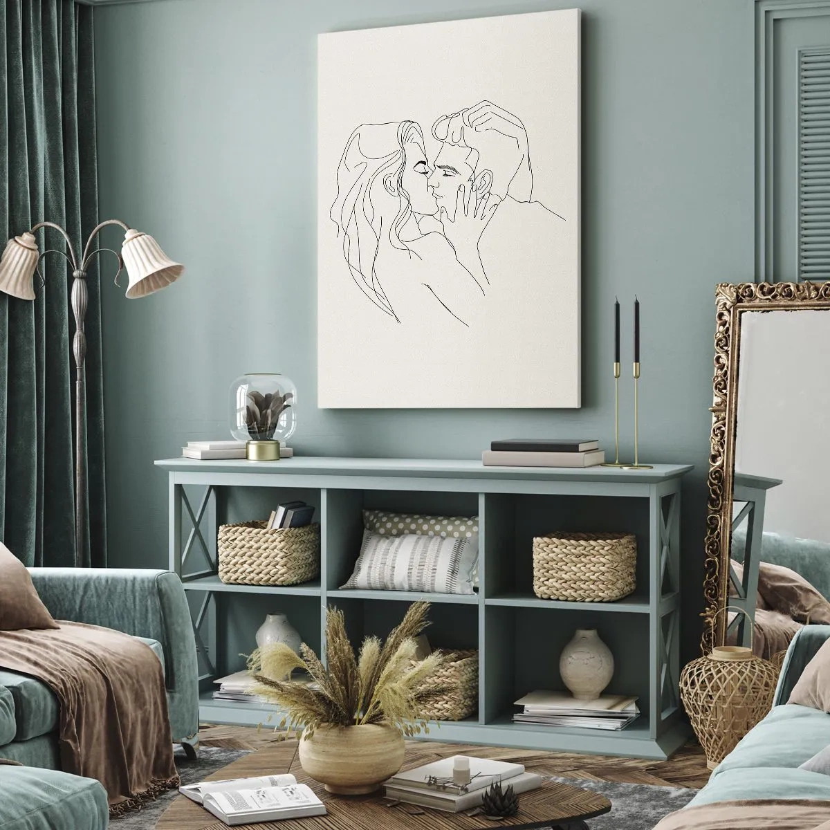 Impression sur toile - Image sur toile - Une illustration minimaliste d'un couple dans une étreinte amoureuse - 80x120cm - Enlacé de sentiment - Décoration murale moderne pour le salon et la chambre ARTTOR