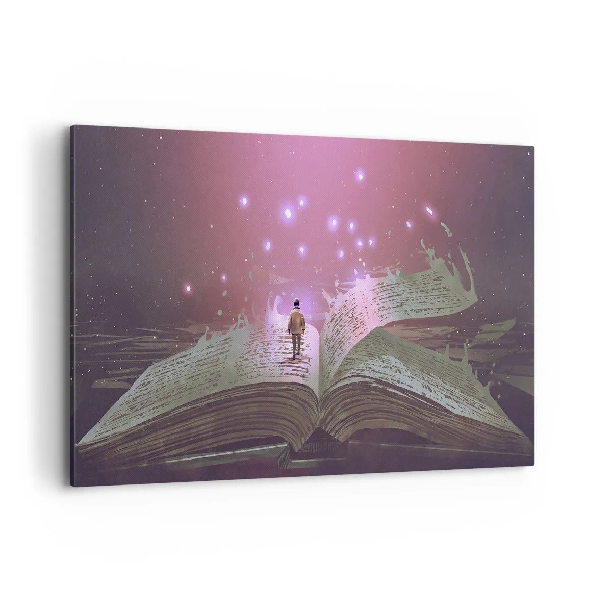 Impression sur toile - Image sur toile - Une silhouette marche sur un livre ouvert dans une lumière magique. - 120x80cm - Invitation à un autre monde - lisez ! - Décoration murale moderne pour le salon et la chambre ARTTOR