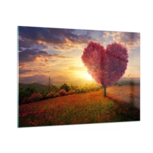Impression sur verre - Image sur verre - Un arbre en forme de cœur dans un champ au coucher du soleil - 100x70cm - Touche le cœur - Décoration murale moderne pour le salon et la chambre ARTTOR