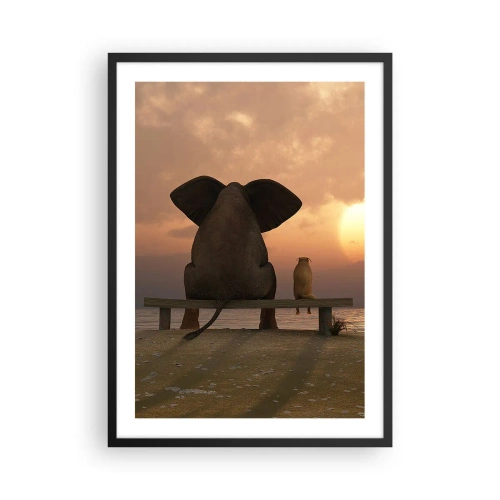 Affiche dans un cadre noir - Poster - Éléphant et chien sur un banc au soleil couchant - 50x70cm - C'est bon de garder le silence ensemble - Décoration murale moderne pour le salon et la chambre ARTTOR