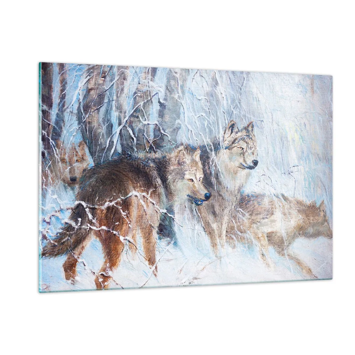 Impression sur verre - Image sur verre - Trois loups dans une forêt hivernale entourée de neige - 120x80cm - Attention! Ca arrive ... - Décoration murale moderne pour le salon et la chambre ARTTOR