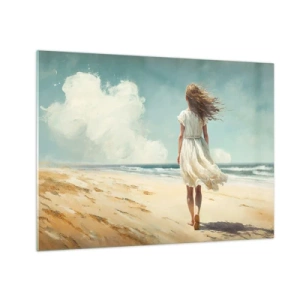 Impression sur verre - Image sur verre - Une femme en robe blanche marchant pieds nus sur une plage ensoleillée - 70x50cm - Pour rencontrer le soleil et le vent - Décoration murale moderne pour le salon et la chambre ARTTOR