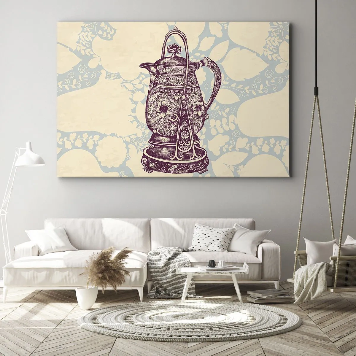 Impression sur toile - Image sur toile - Cruche stylisée avec ornements sur fond floral - 120x80cm - La beauté du quotidien - Décoration murale moderne pour le salon et la chambre ARTTOR