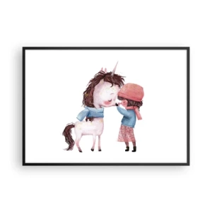 Affiche dans un cadre noir - Poster - Une fille et une licorne dans un paysage hivernal - 100x70cm - Histoire d'hiver - Décoration murale moderne pour le salon et la chambre ARTTOR